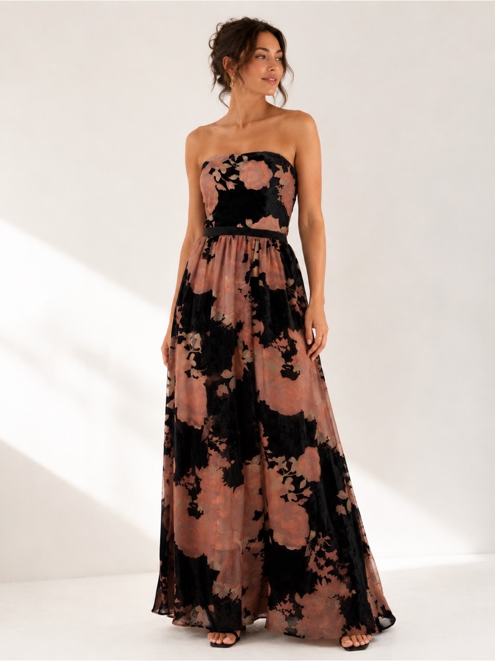 ERIN by Erin Fetherston Strapless Black and Rose-Mauve Floral Velvet Midi Dress